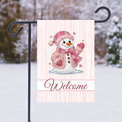Welcome Valentine's Day Pink Patchwork Snowman Garden Flag