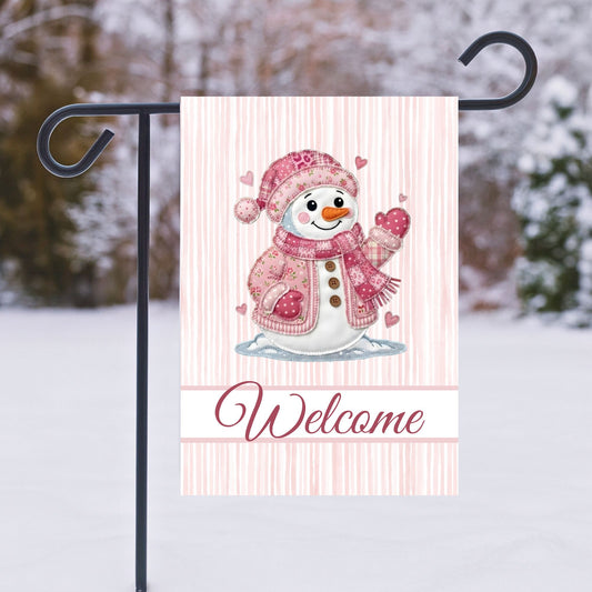 Welcome Valentine's Day Pink Patchwork Snowman Garden Flag