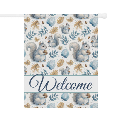 Welcome Winter Squirrels & Foliage Garden Flag, 24.5'' × 32'' poly poplin-canvas with watercolor design.