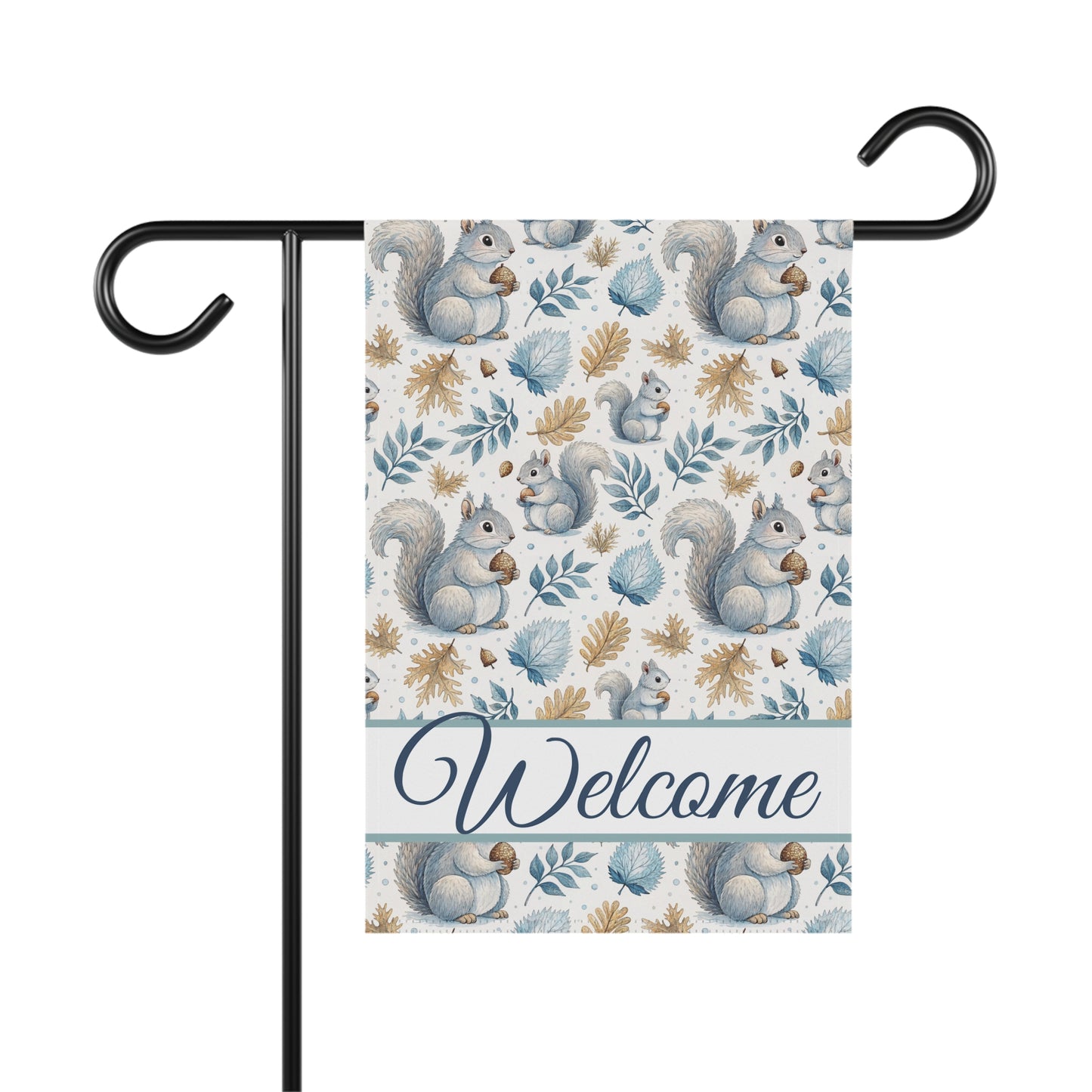 Watercolor squirrel and foliage garden flag with "Welcome" script on a black pole.