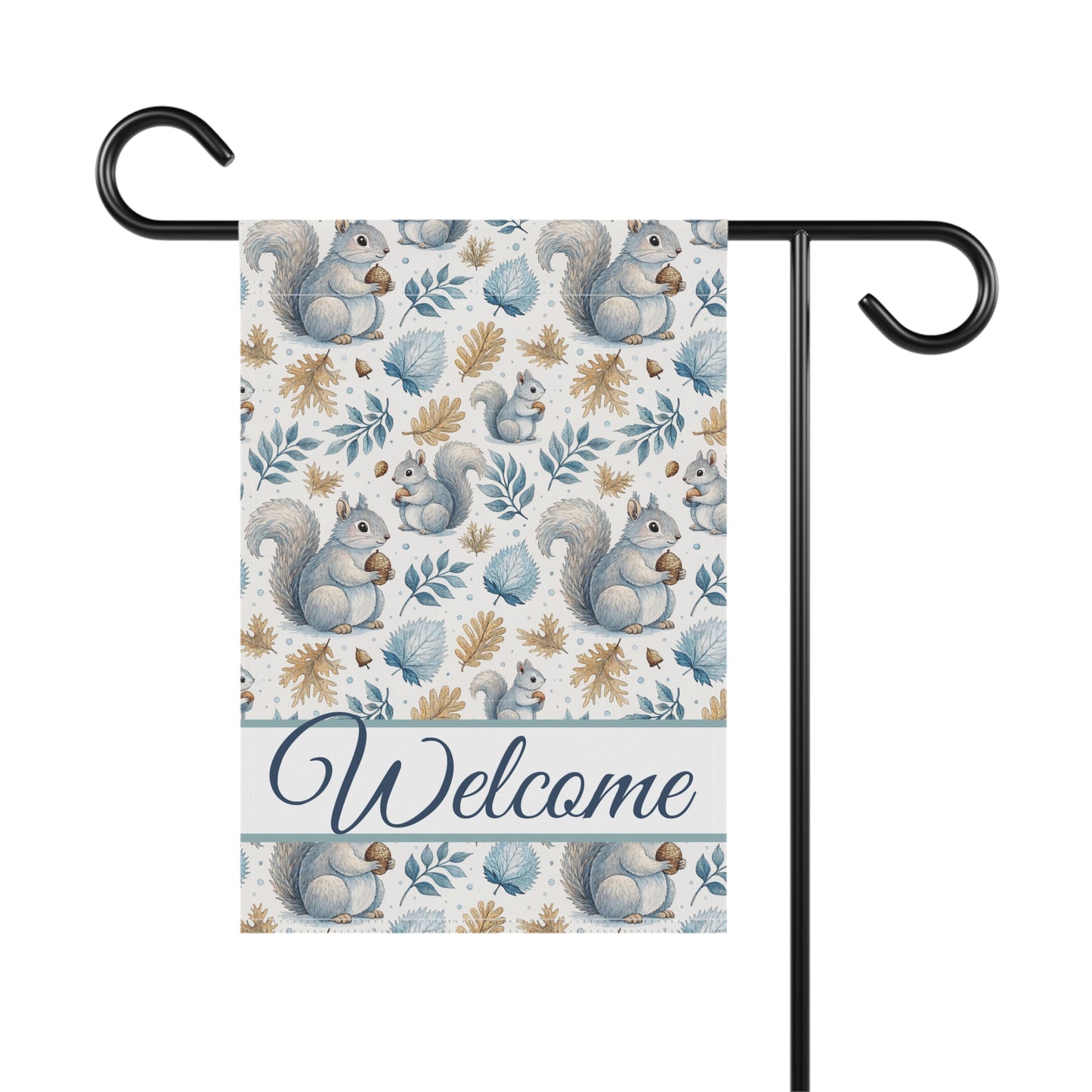 Watercolor squirrel and foliage garden flag with "Welcome" script on a black pole.