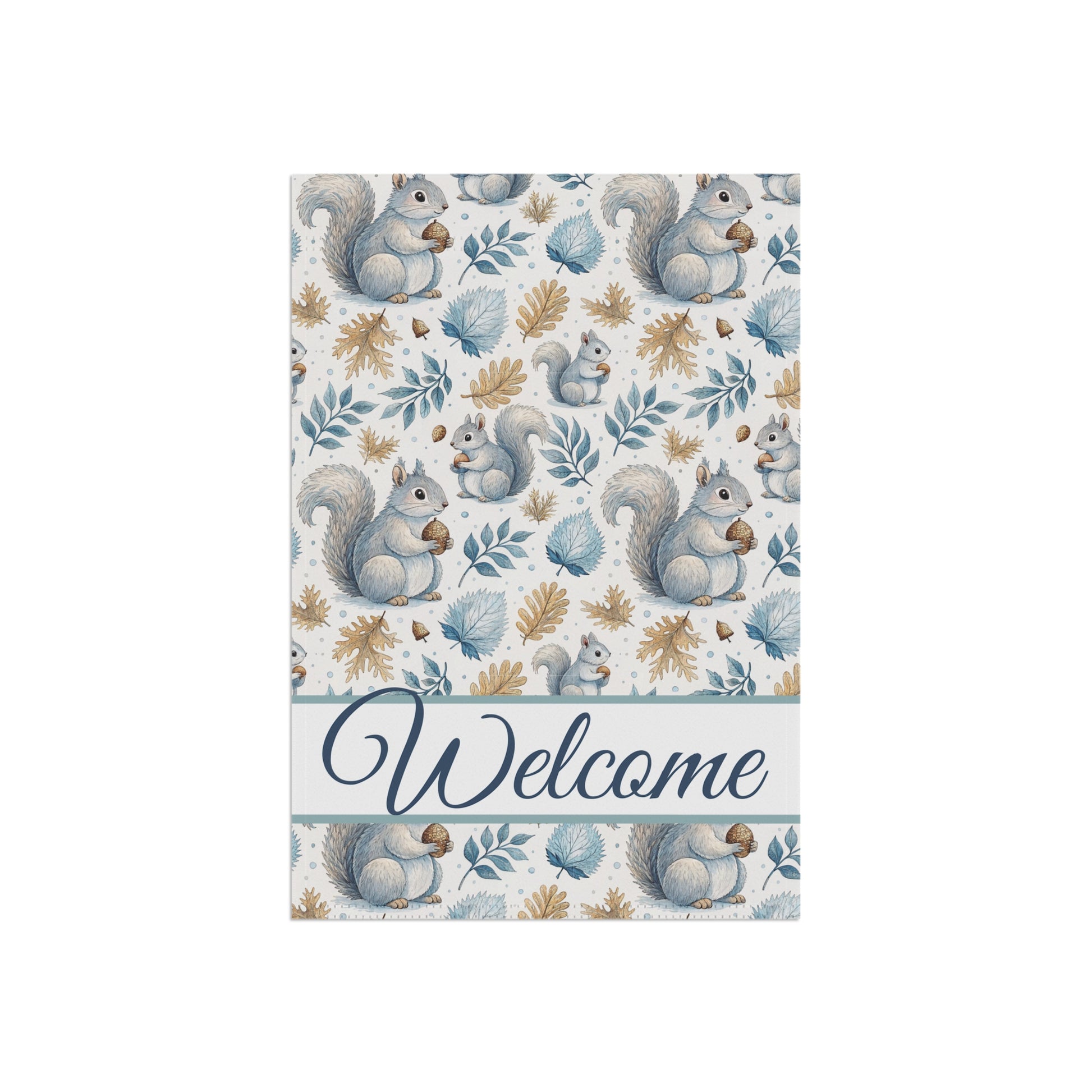 Watercolor garden flag with gray squirrels holding acorns, blue and gold leaves, and "Welcome" script.