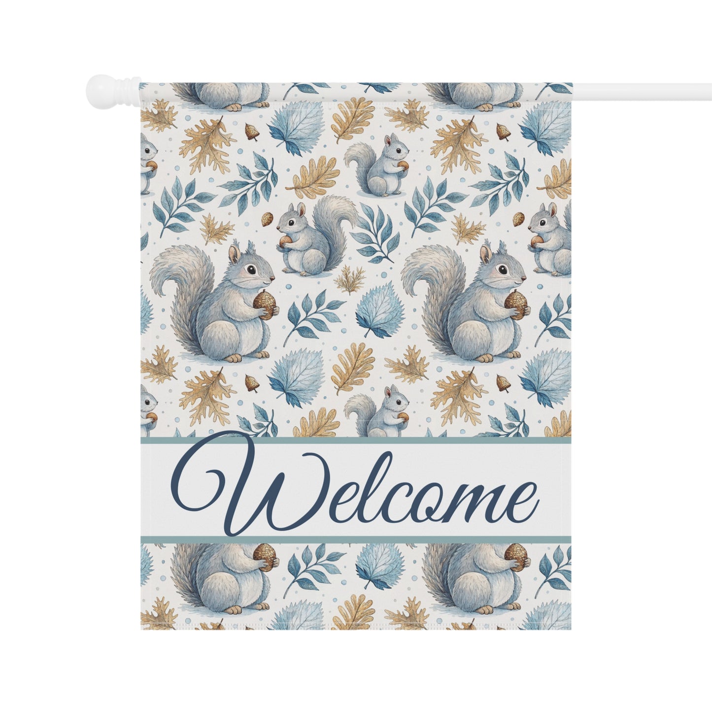 Watercolor squirrels and blue/tan foliage on a poly poplin garden flag with a "Welcome" script.