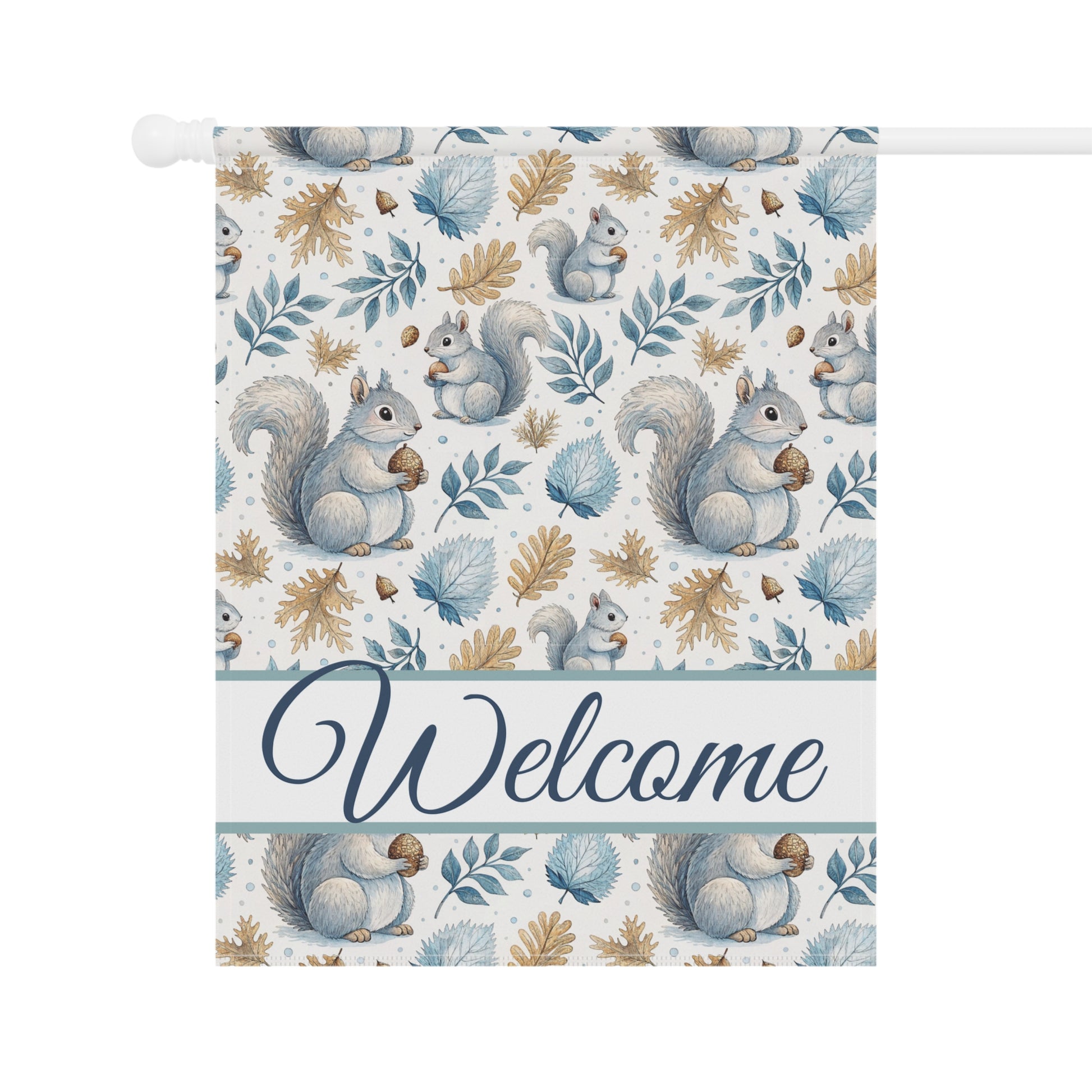 Watercolor squirrels and blue/tan foliage on a poly poplin garden flag with a "Welcome" script.