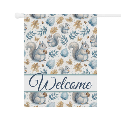 Watercolor squirrels and blue/tan foliage on a poly poplin garden flag with a "Welcome" script.