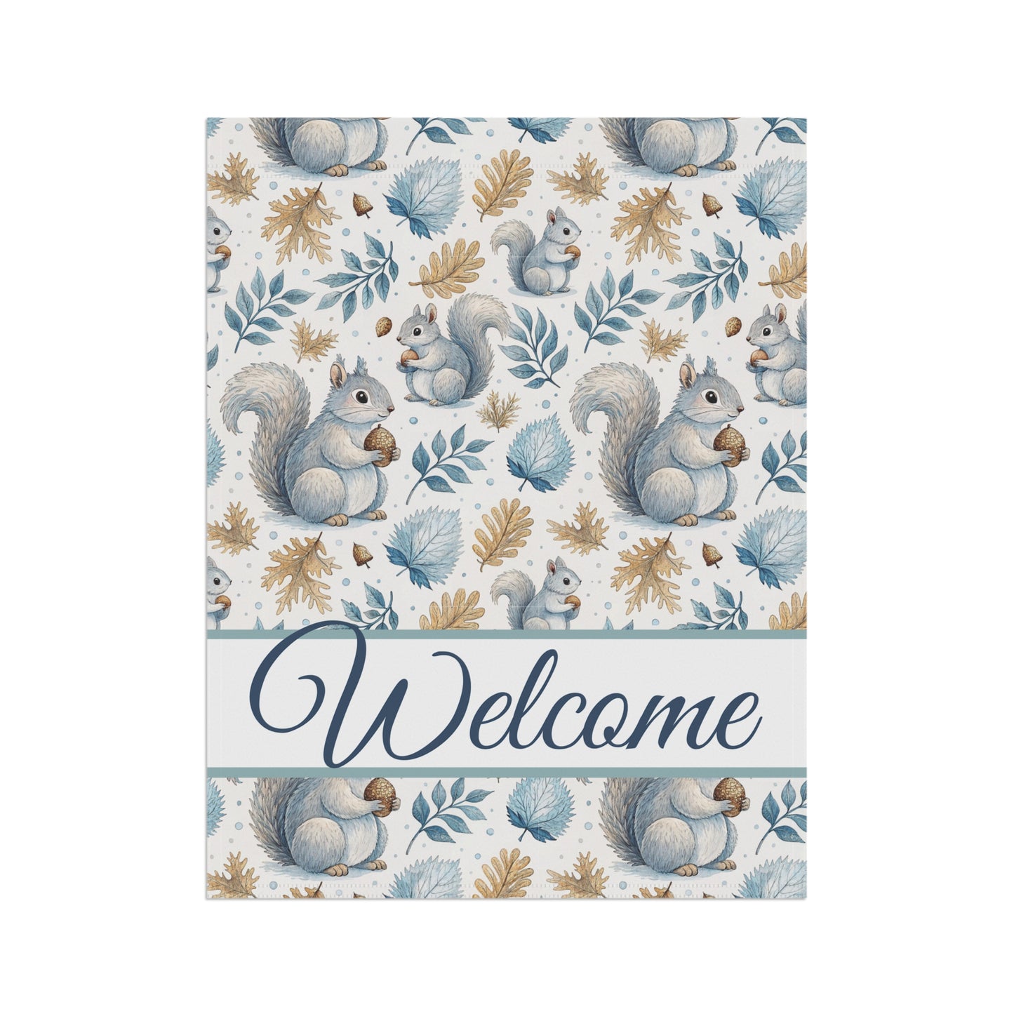 Watercolor garden flag with gray squirrels, blue and gold foliage, and a "Welcome" script.