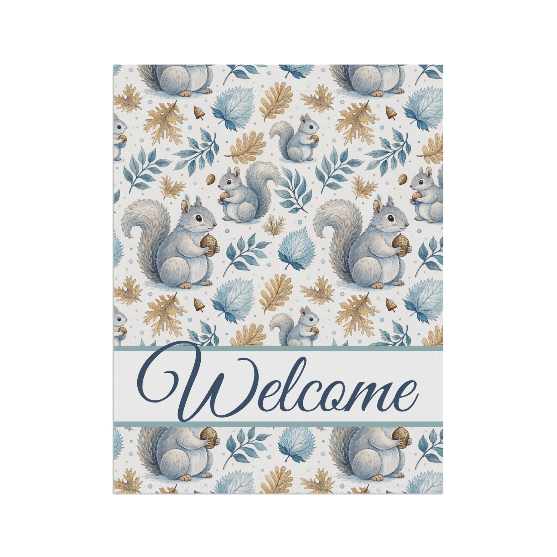 Watercolor garden flag with gray squirrels, blue and gold foliage, and a "Welcome" script.