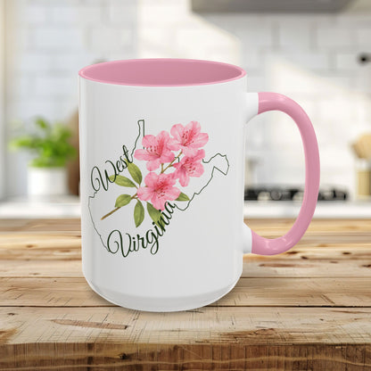 15oz white ceramic mug with pink handle/interior, featuring a West Virginia rhododendron watercolor design.