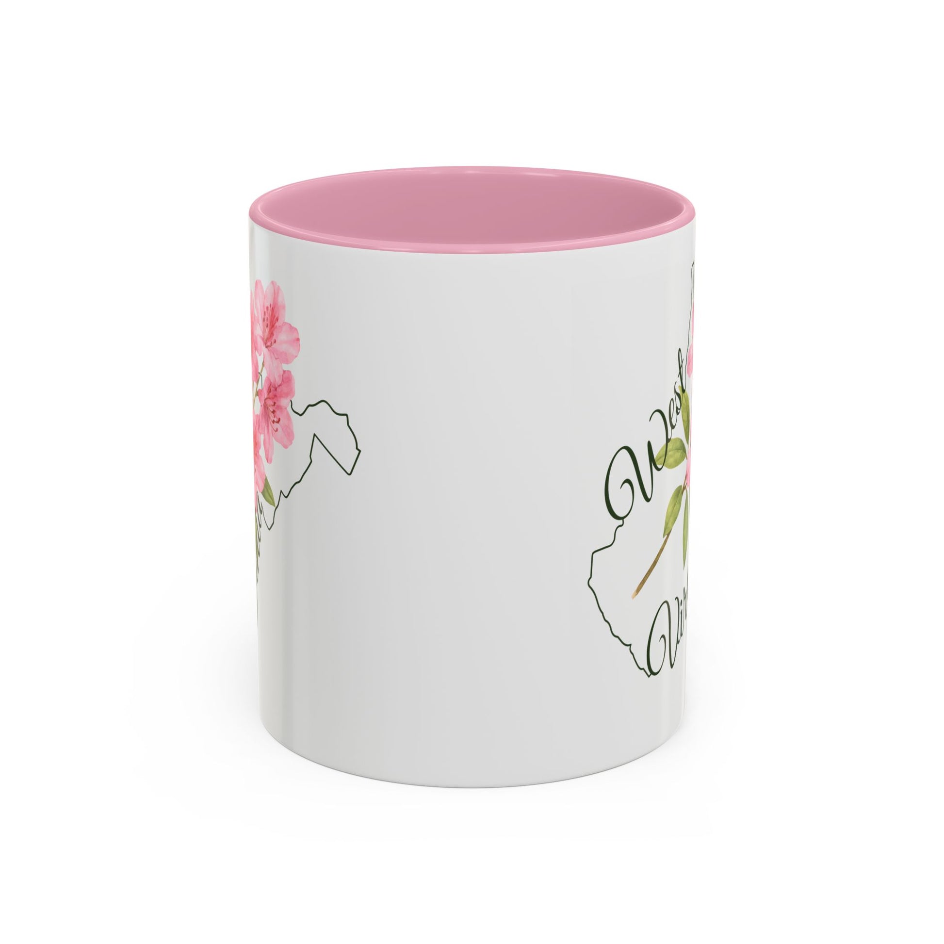 White ceramic mug with pink interior and handle, featuring a watercolor rhododendron and West Virginia state outline.