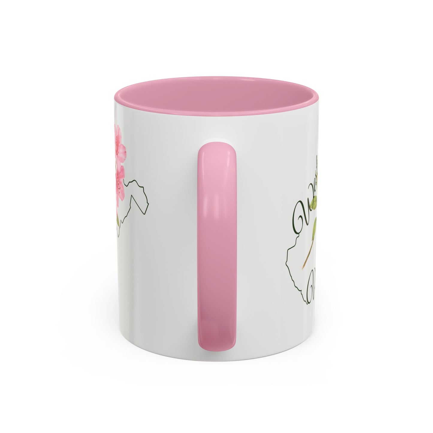 White ceramic 11oz mug with pink handle and interior, featuring a watercolor rhododendron and West Virginia silhouette.