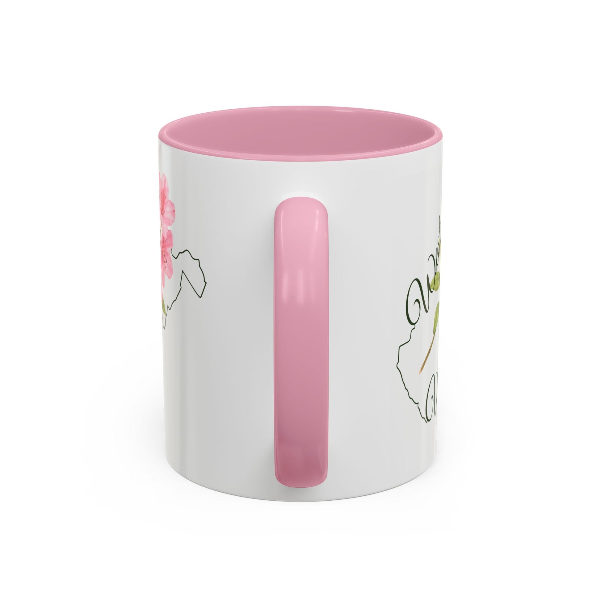 White ceramic 11oz mug with pink handle and interior, featuring a watercolor rhododendron and West Virginia silhouette.