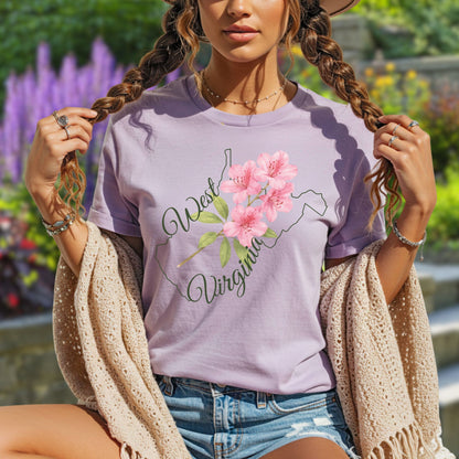 Lavender West Virginia Rhododendron t-shirt on a model, featuring a watercolor floral design.