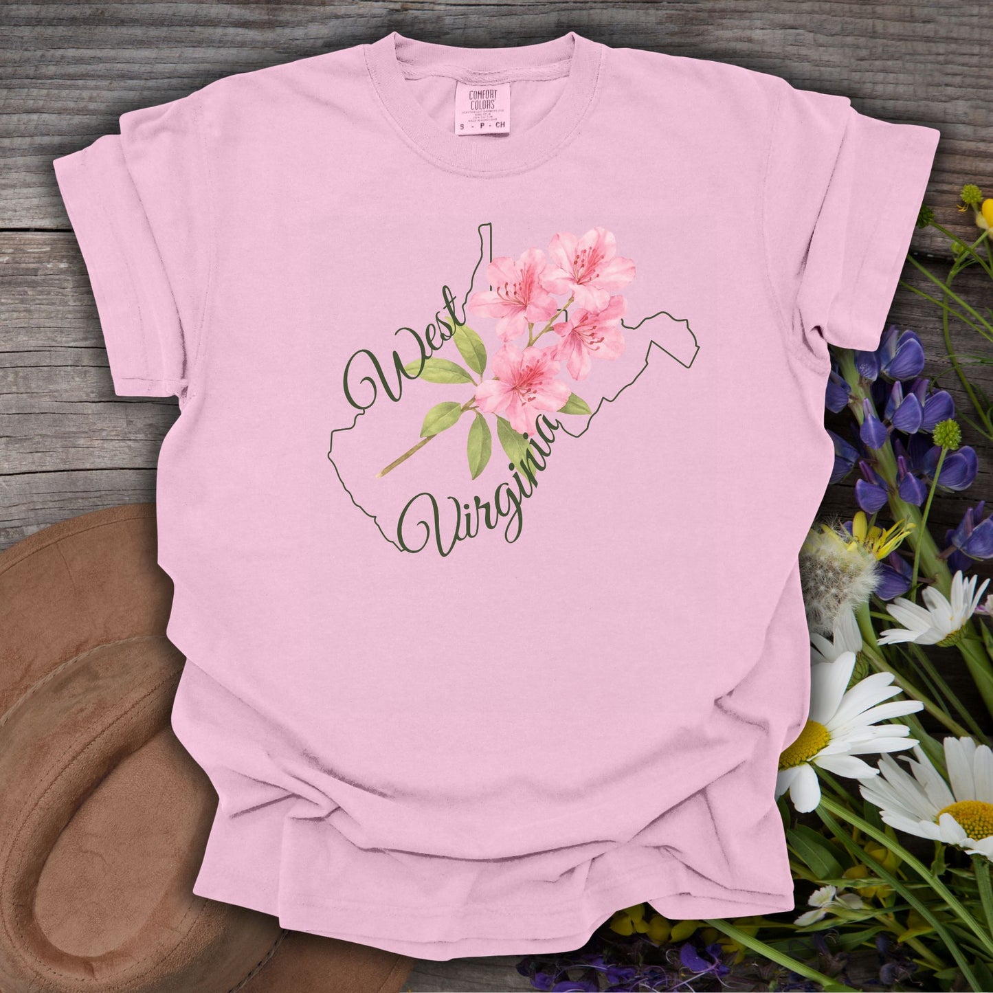 Blossom pink West Virginia State Flower T-Shirt with watercolor rhododendron inside the state outline.