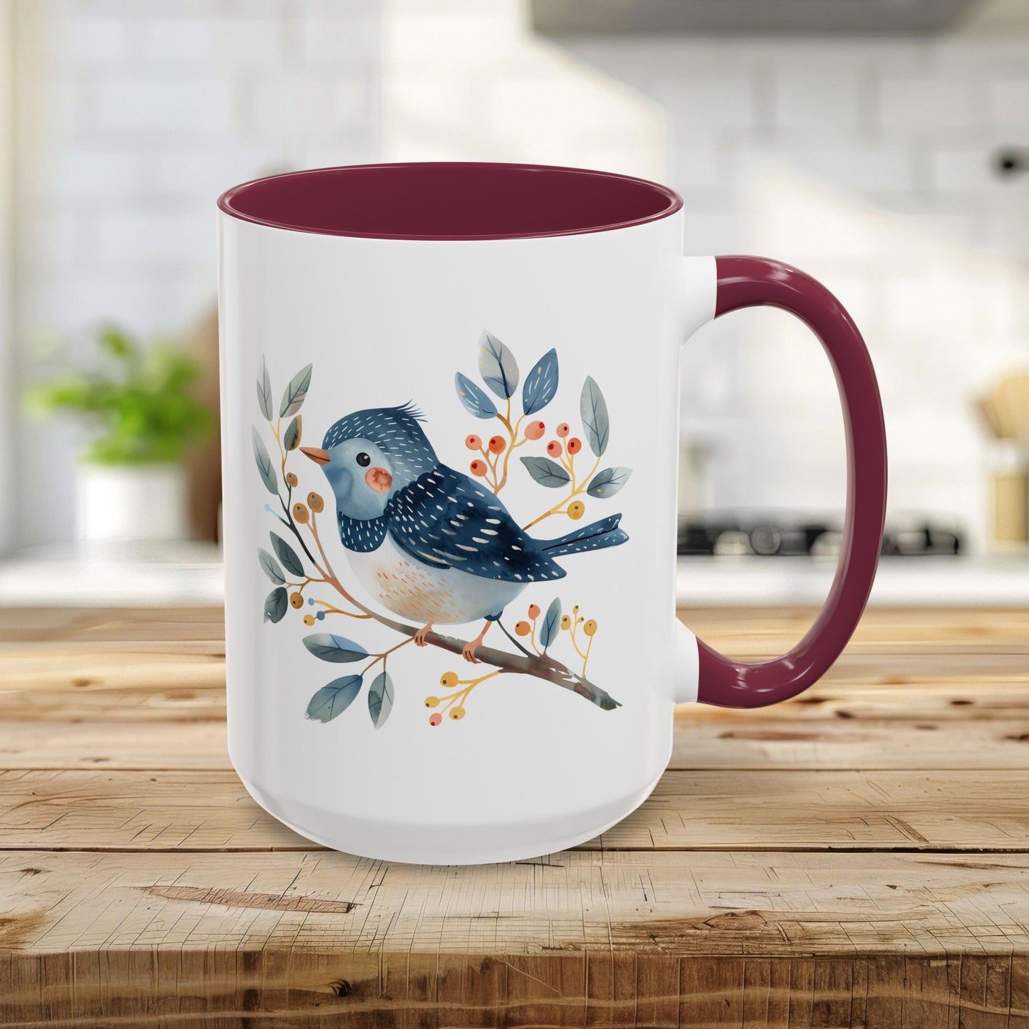 Whimsical Folkart Bluebird on Branch Mug (11/5oz)