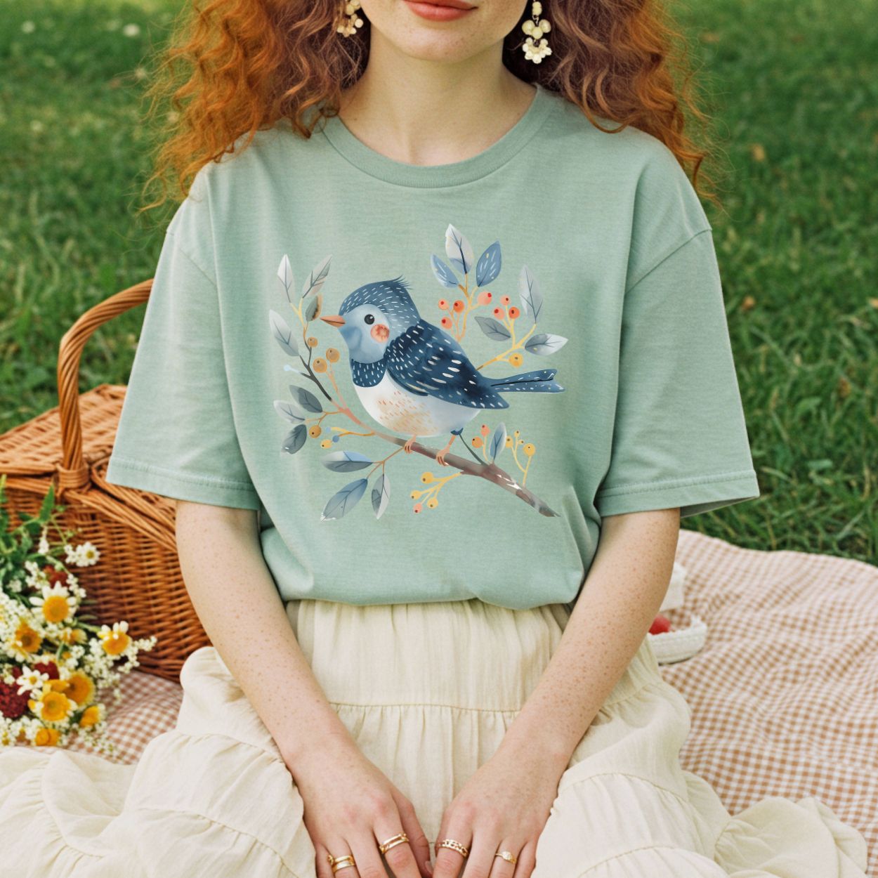 Relaxed-fit, garment-dyed sage green t-shirt with a whimsical bluebird on a branch design.