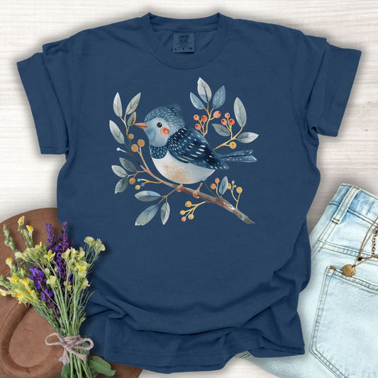 Whimsical Folkart Bluebird on Branch T-Shirt