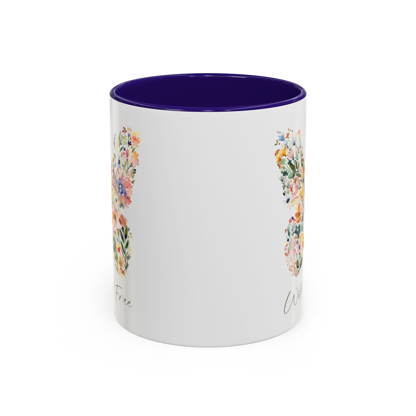 White ceramic mug with a purple interior and handle, featuring a watercolor floral butterfly design.