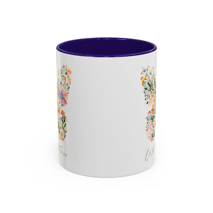 White ceramic mug with a purple interior and handle, featuring a watercolor floral butterfly design.