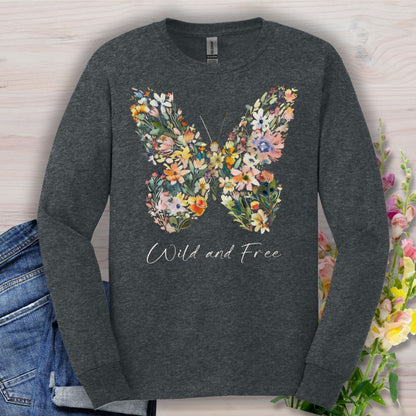 Heather charcoal long-sleeve tee with a colorful wildflower butterfly and "Wild and Free" text.