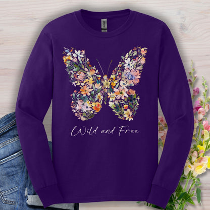 Purple long-sleeve tee with a colorful wildflower butterfly graphic and "Wild and Free" text.