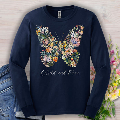 Navy long-sleeve tee with a colorful wildflower butterfly print and "Wild and Free" text.