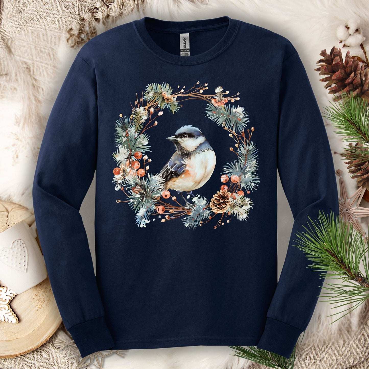 Winter Black-Capped Chickadee Long Sleeve Tee
