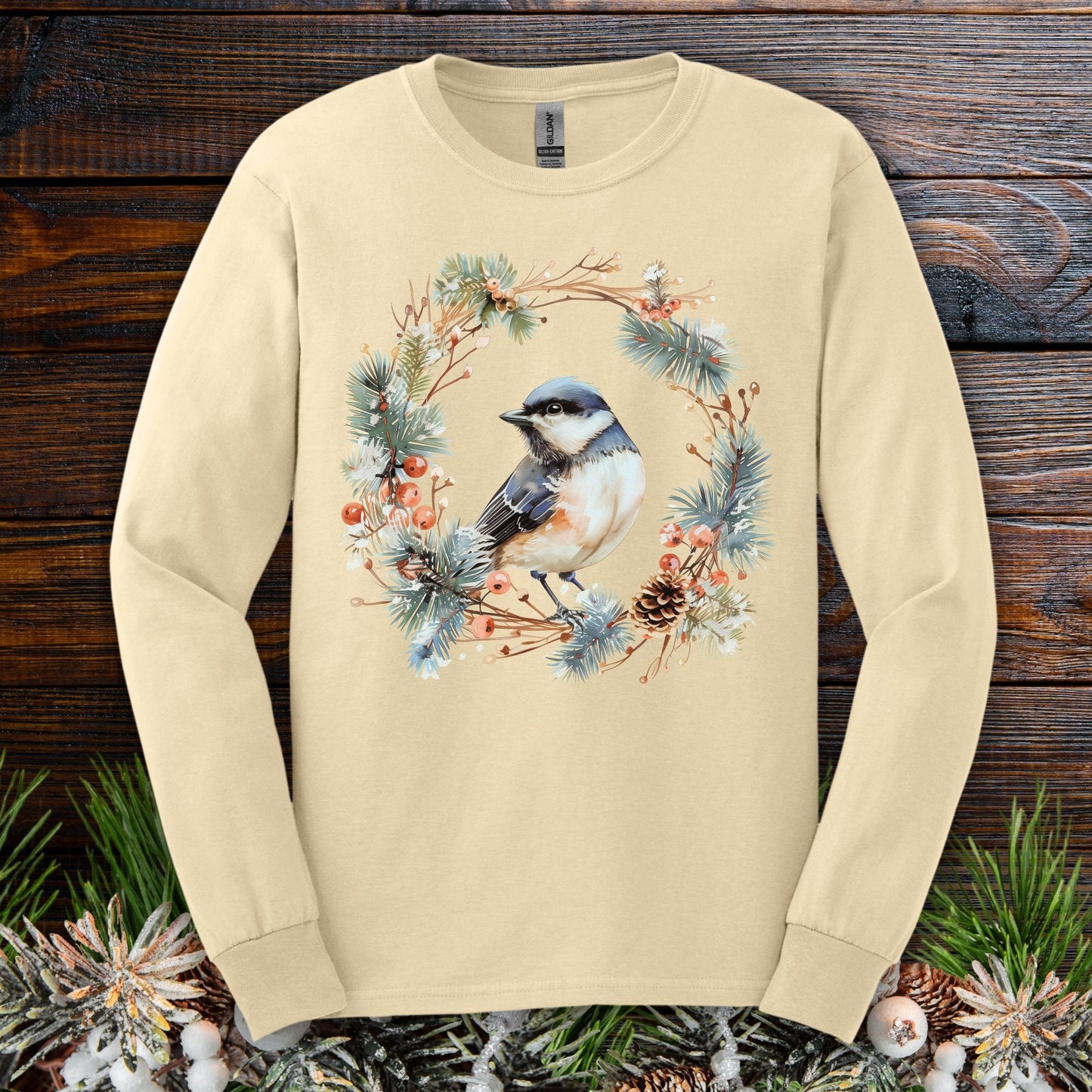 Winter Black-Capped Chickadee Long Sleeve Tee