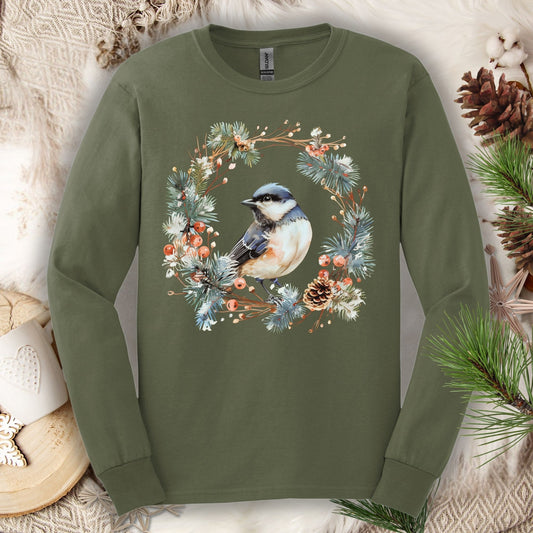 Winter Black-Capped Chickadee Long Sleeve Tee