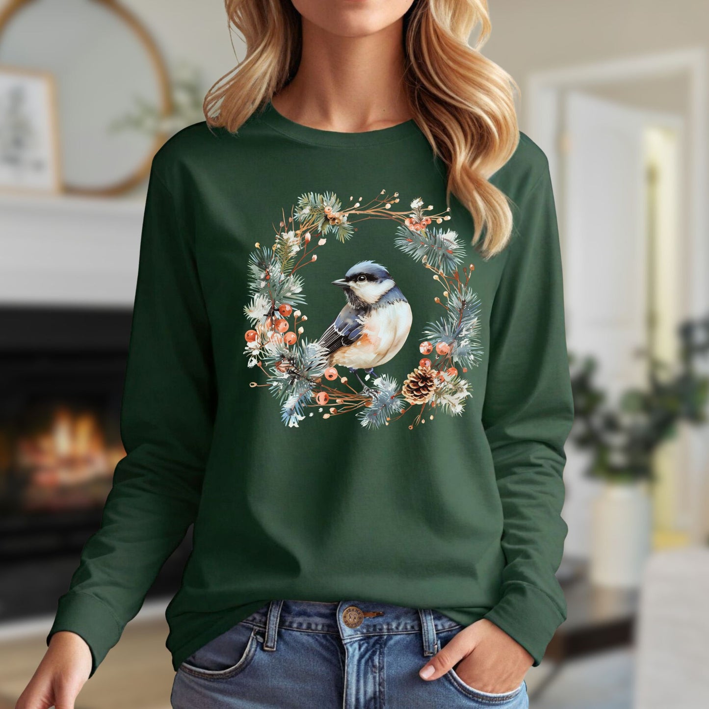 Winter Black-Capped Chickadee Long Sleeve Tee