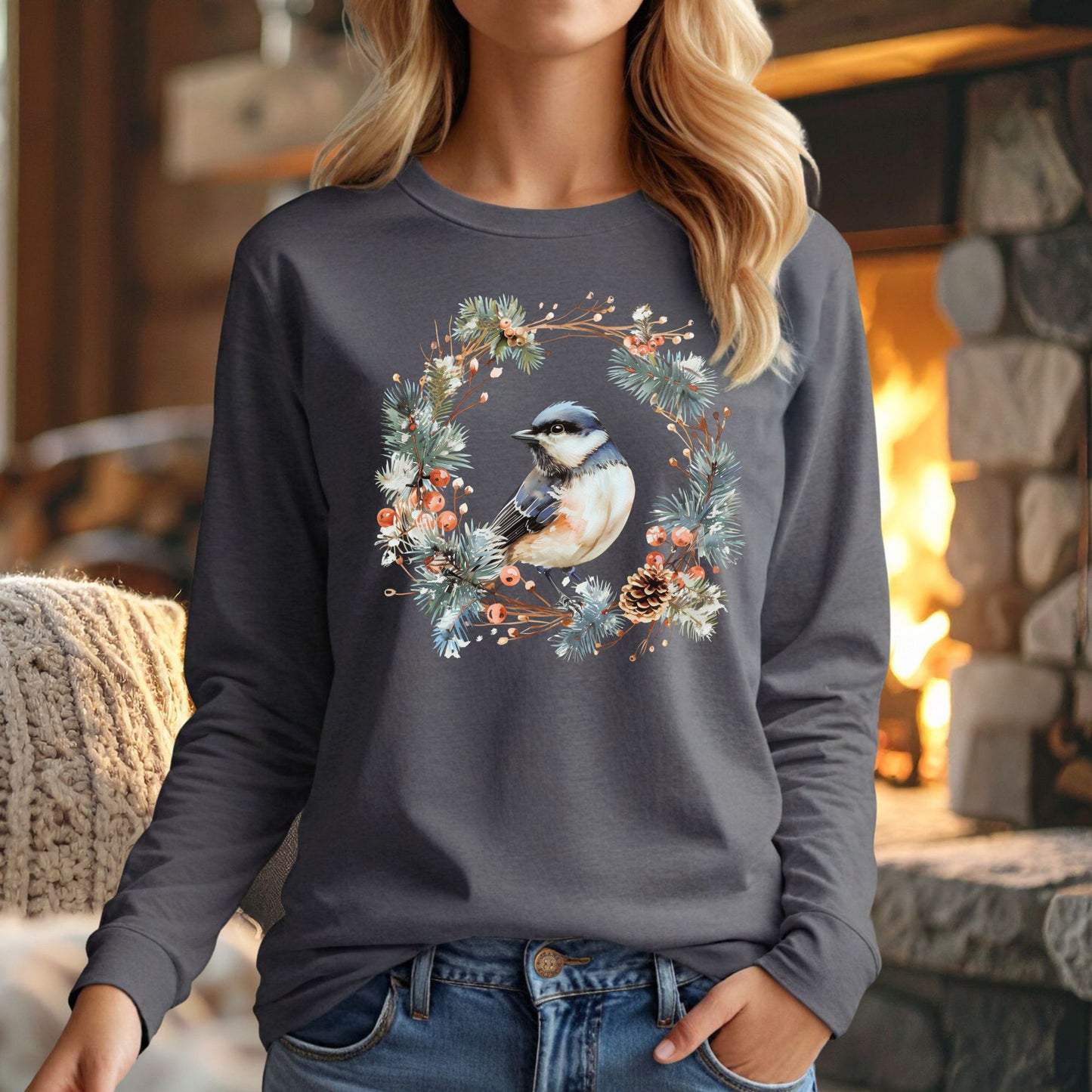 Winter Black-Capped Chickadee Long Sleeve Tee