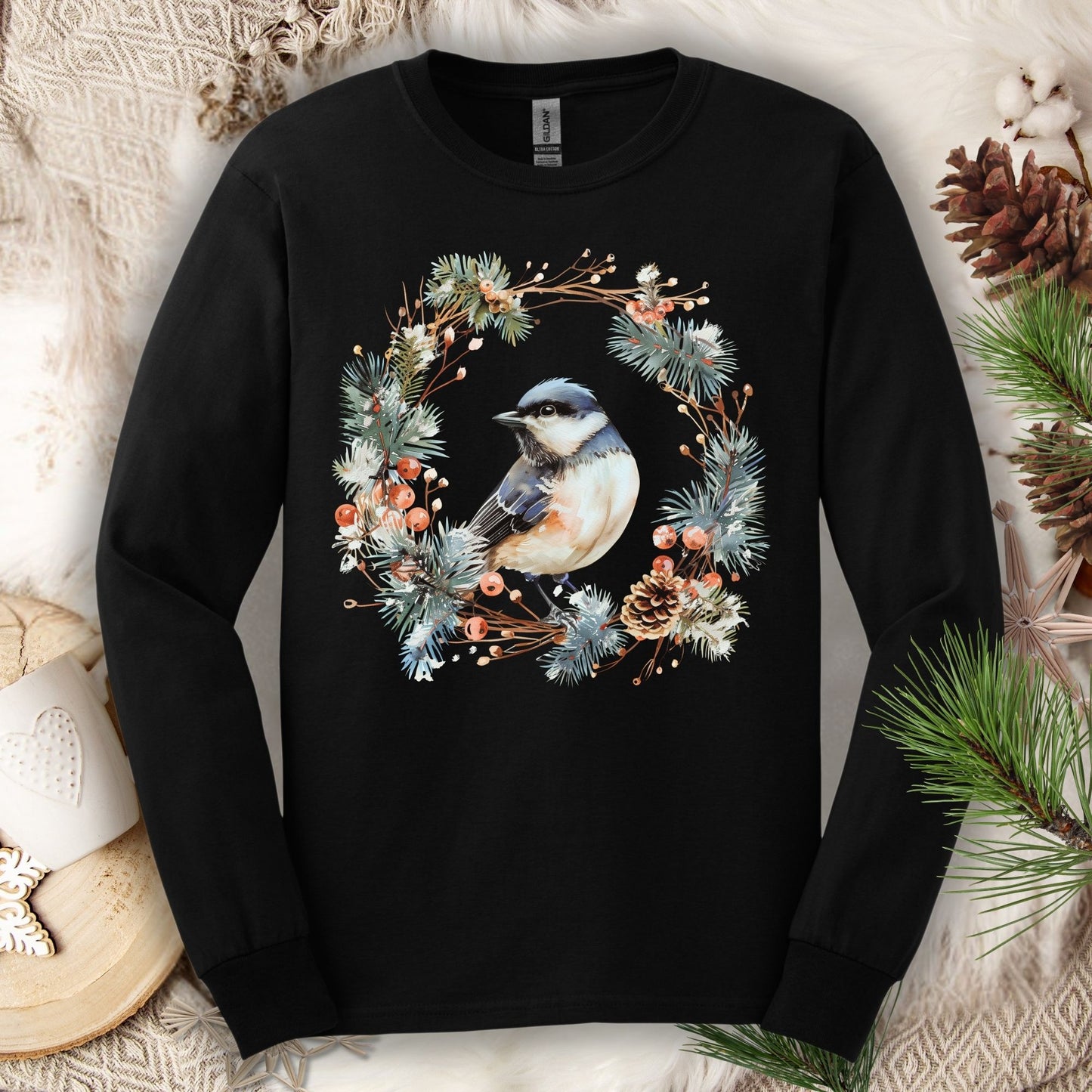 Winter Black-Capped Chickadee Long Sleeve Tee