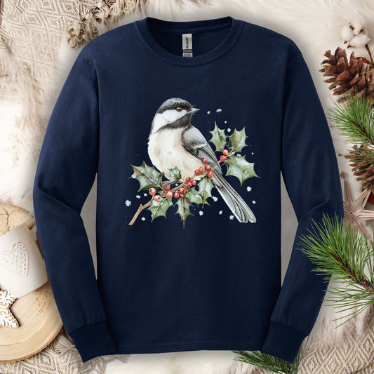 Winter Black Capped Chickadee on Holly Branch Long Sleeve Tee