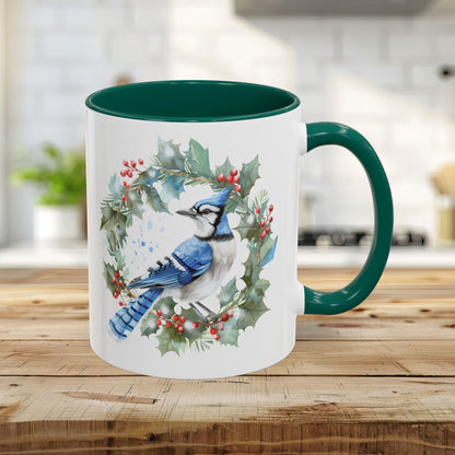 Winter Blue Jay in Holly Wreath Mug (11/15oz)