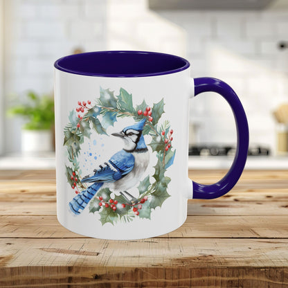 Winter Blue Jay in Holly Wreath Mug (11/15oz)
