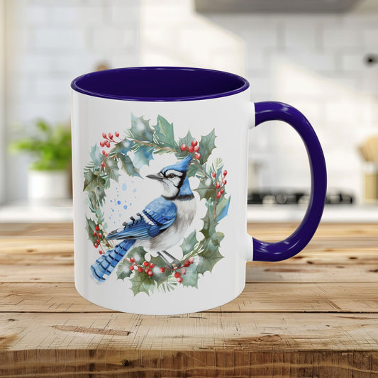 Winter Blue Jay in Holly Wreath Mug (11/15oz)