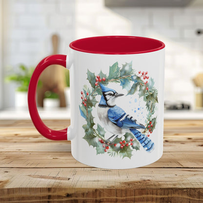 Winter Blue Jay in Holly Wreath Mug (11/15oz)