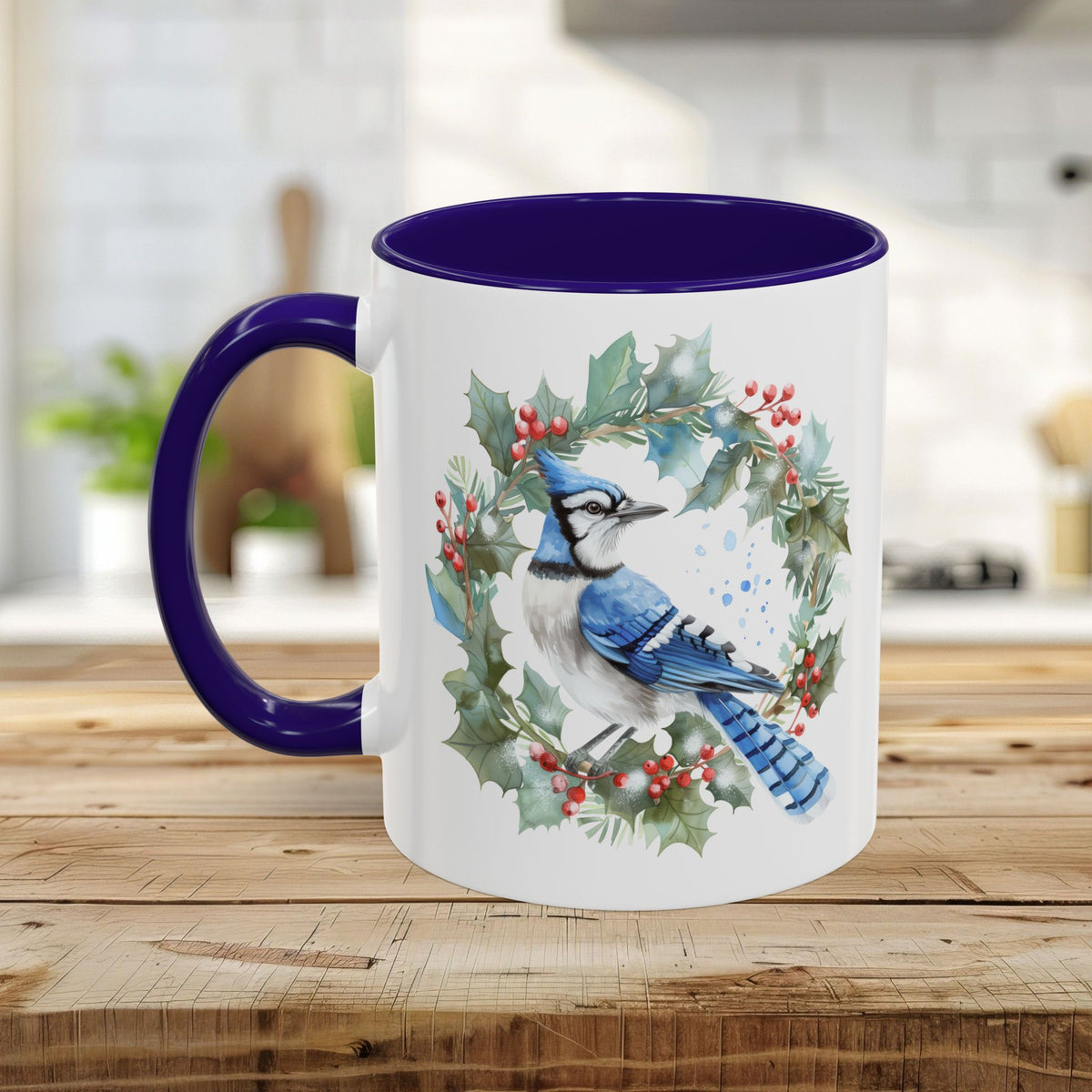 Winter Blue Jay in Holly Wreath Mug (11/15oz)
