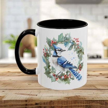 Winter Blue Jay in Holly Wreath Mug (11/15oz)