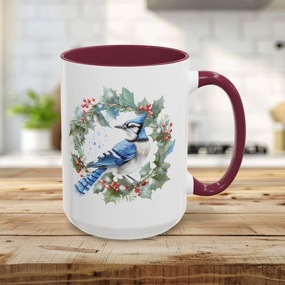 Winter Blue Jay in Holly Wreath Mug (11/15oz)