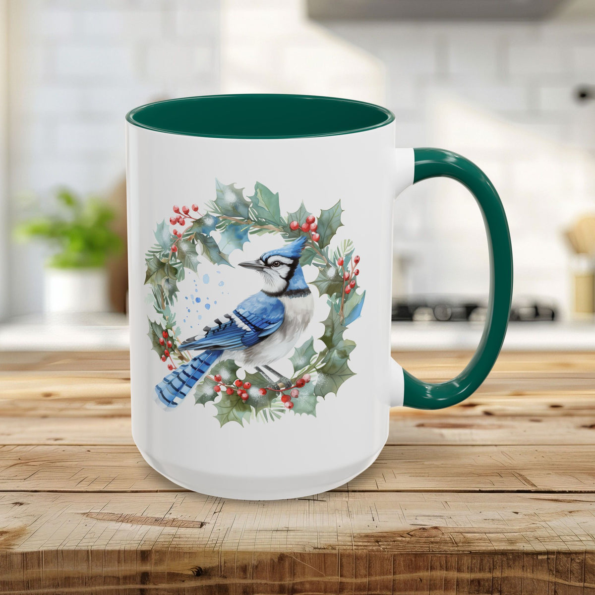 Winter Blue Jay in Holly Wreath Mug (11/15oz)