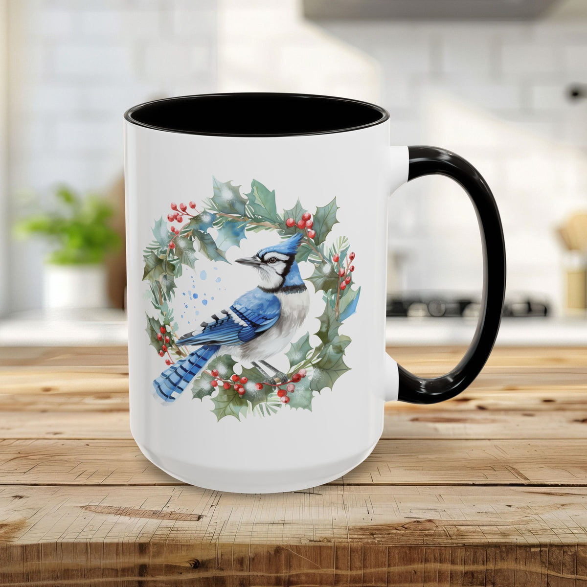 Winter Blue Jay in Holly Wreath Mug (11/15oz)