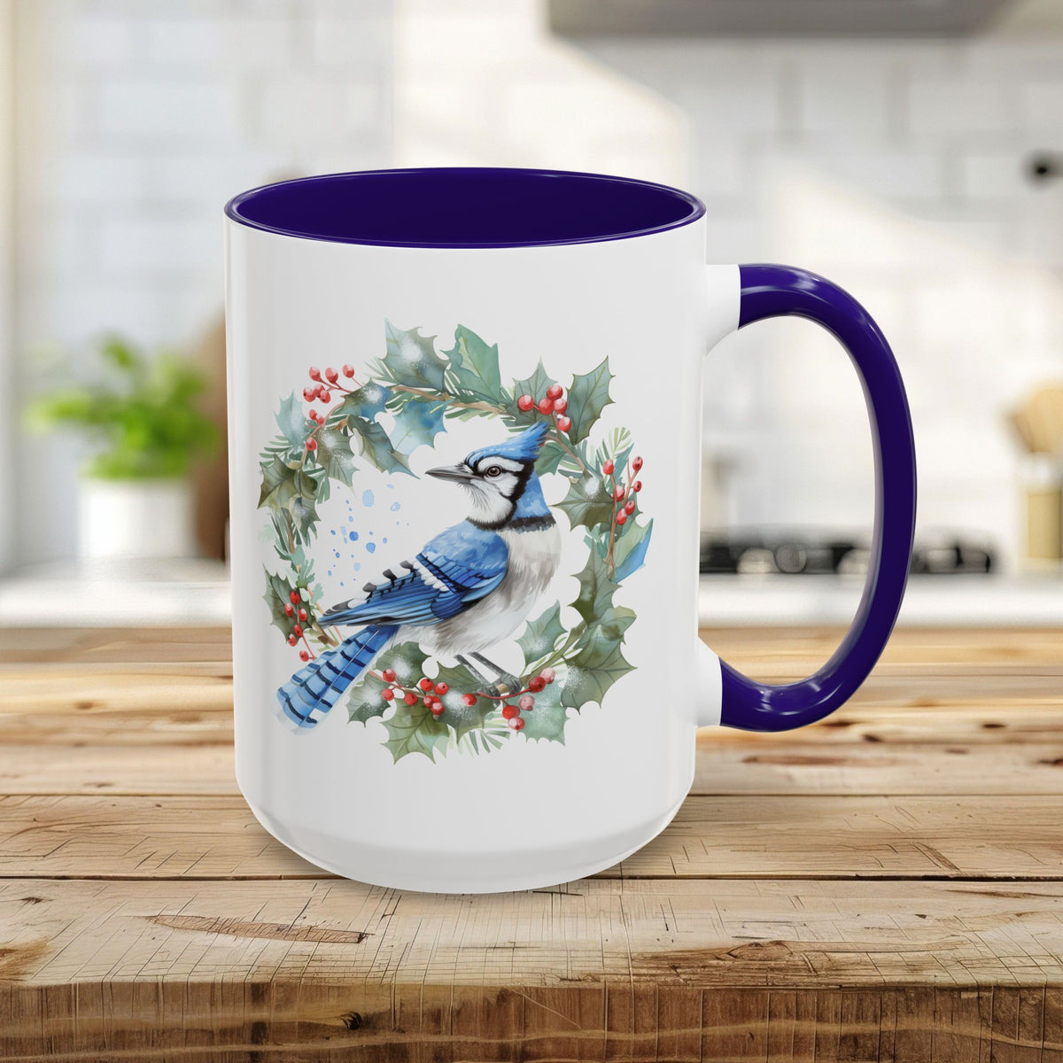 Winter Blue Jay in Holly Wreath Mug (11/15oz)