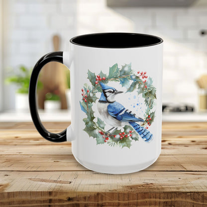 Winter Blue Jay in Holly Wreath Mug (11/15oz)