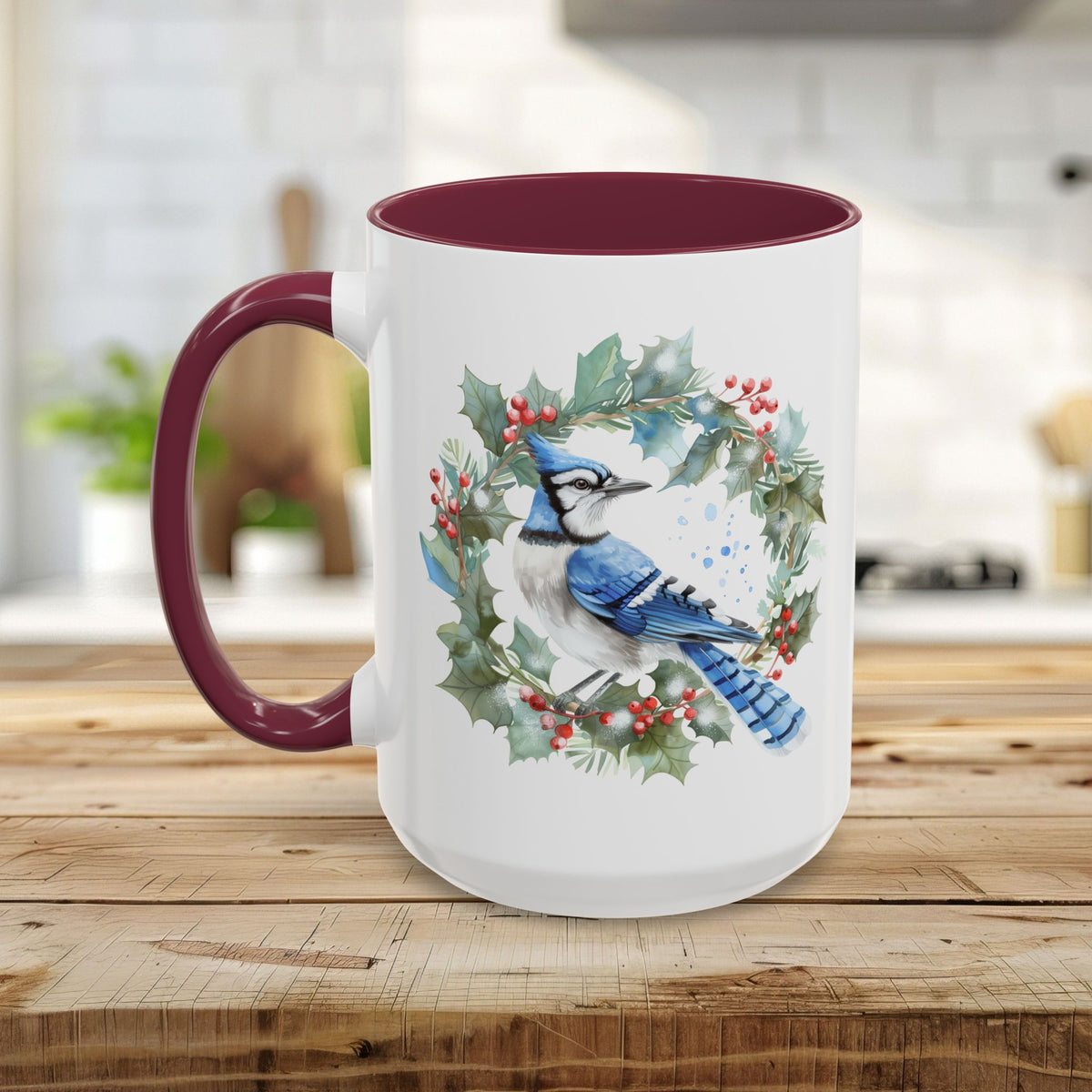 Winter Blue Jay in Holly Wreath Mug (11/15oz)