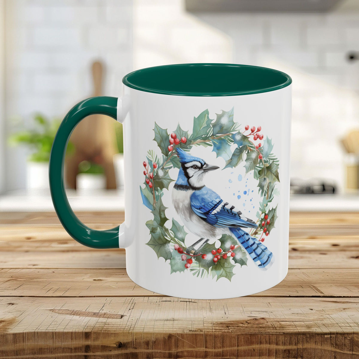 Winter Blue Jay in Holly Wreath Mug (11/15oz)