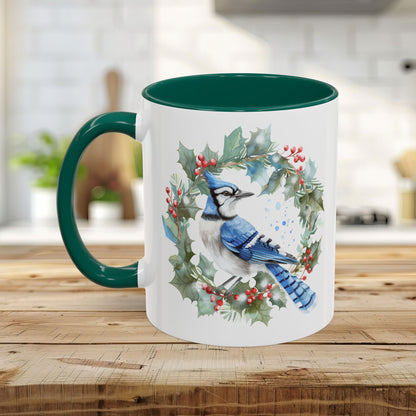 Winter Blue Jay in Holly Wreath Mug (11/15oz)