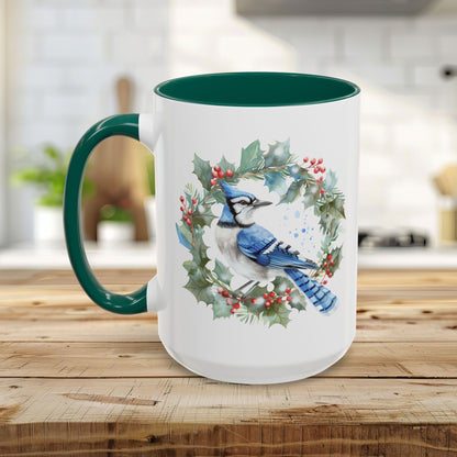 Winter Blue Jay in Holly Wreath Mug (11/15oz)