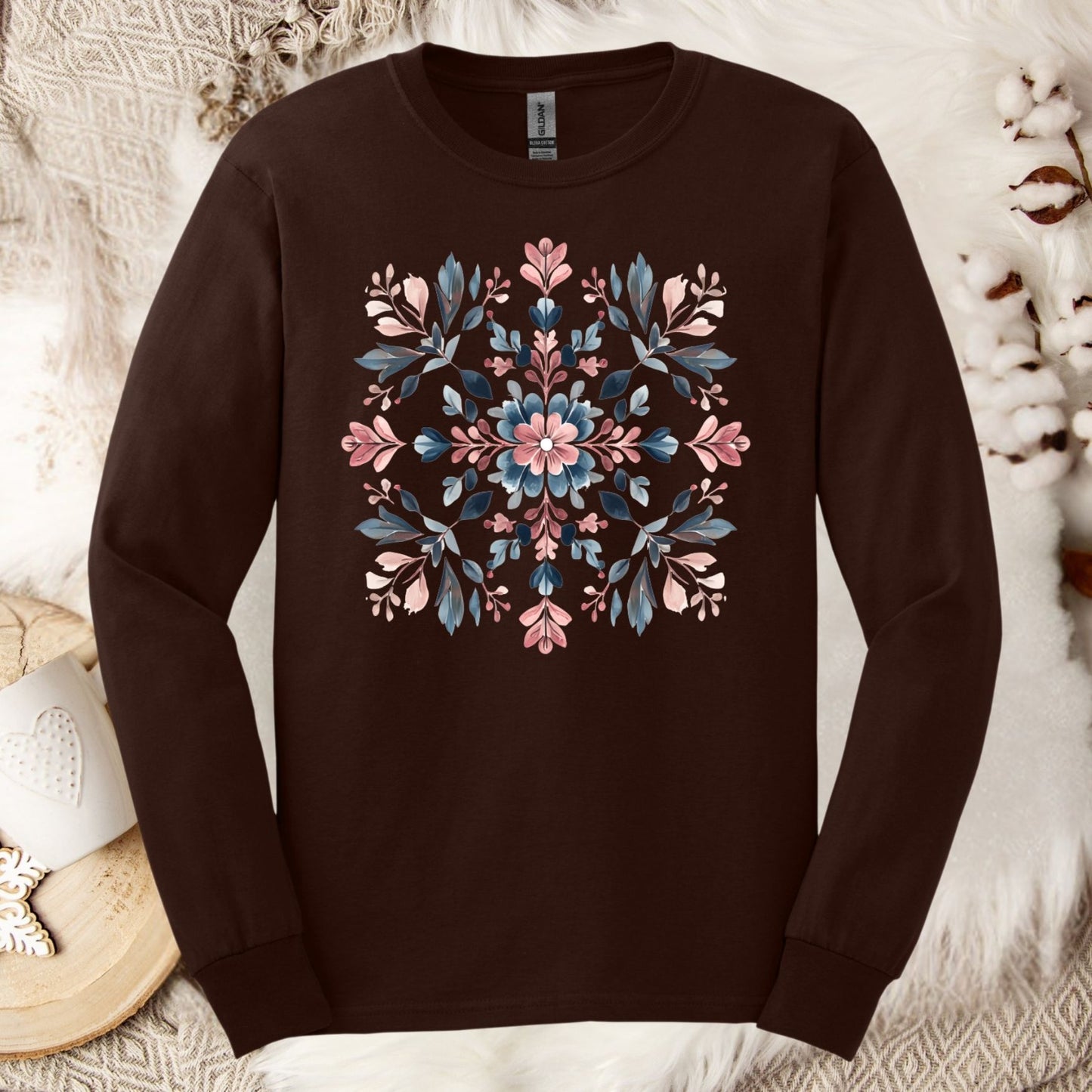 Winter Boho Floral Snowflake Long Sleeve Tee