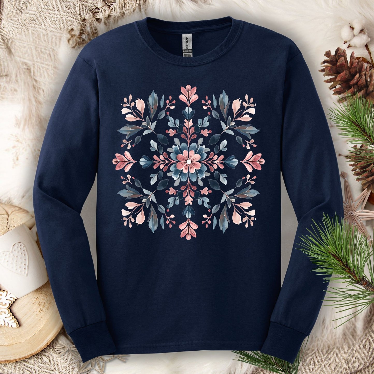Winter Boho Floral Snowflake Long Sleeve Tee