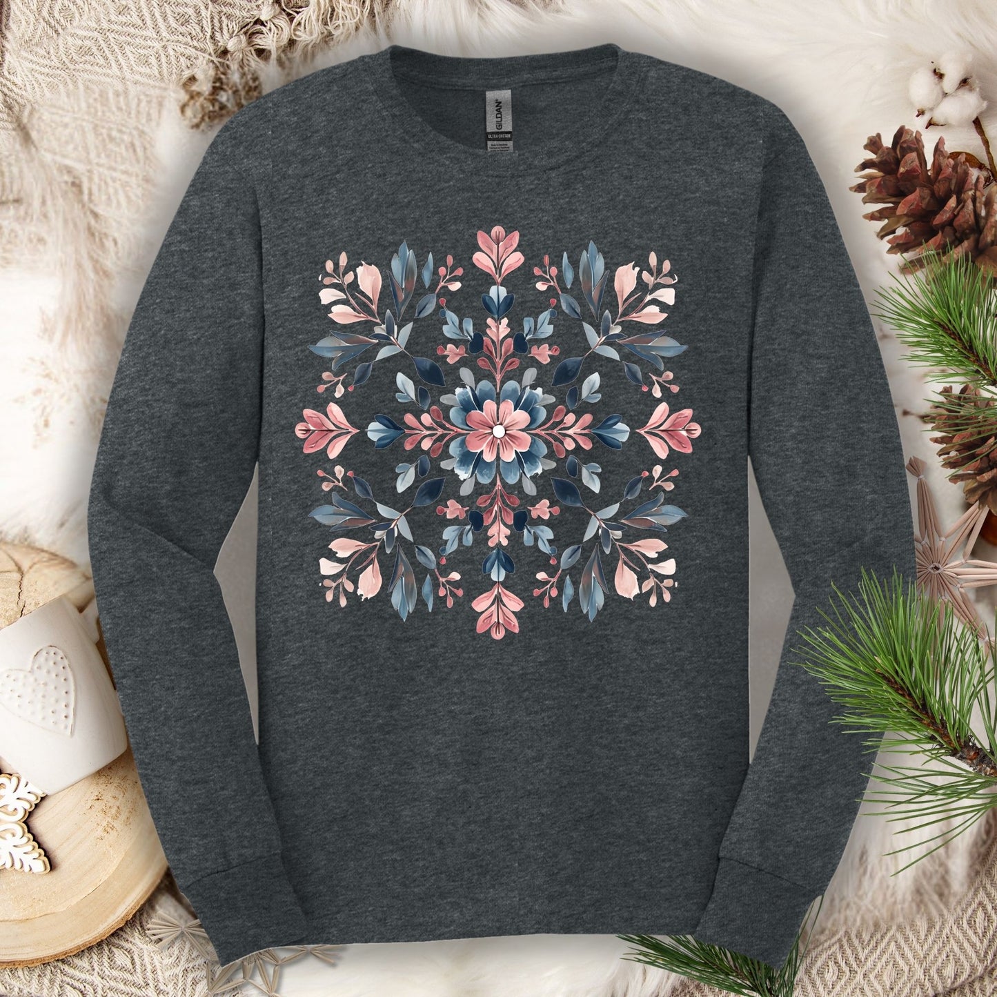 Winter Boho Floral Snowflake Long Sleeve Tee